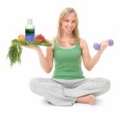 Balancing exercise with healthy food and women vitamins